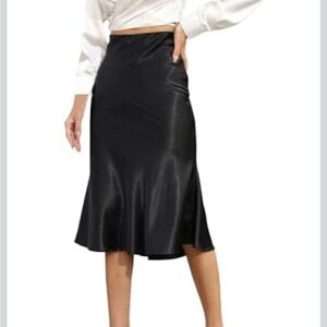 Elegant Black High Waist Satin Midi Pencil Skirt